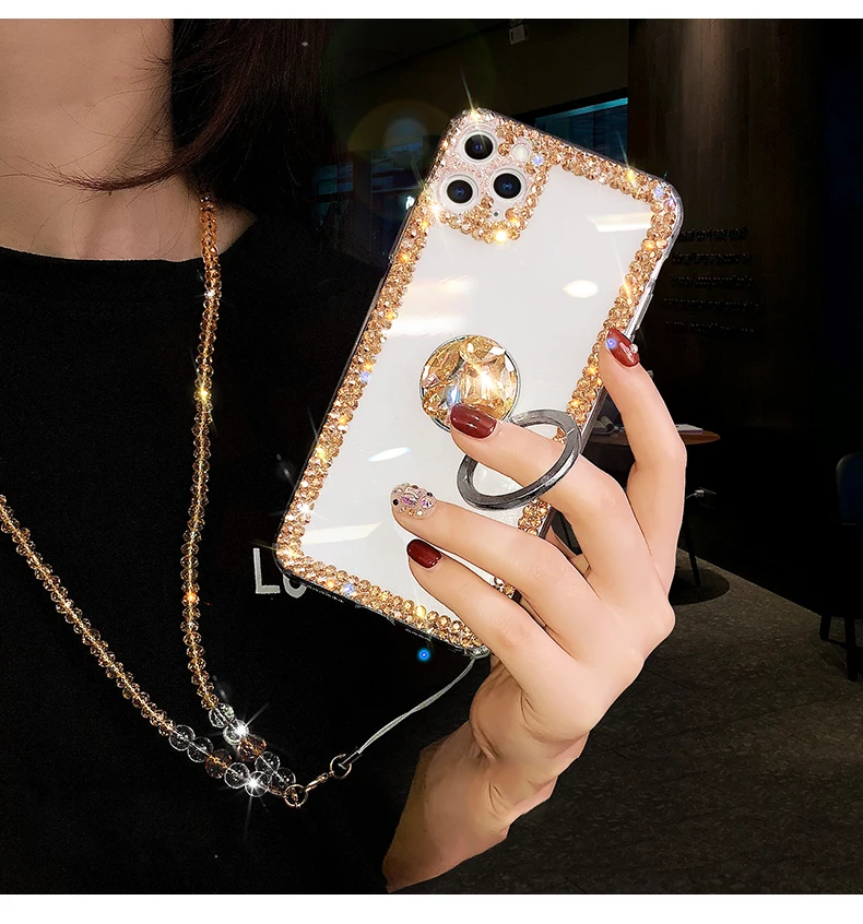 Luxury Glitter Bling Diamond Rhinestone Ring Buckle Support Phone Case for IPhone 11 12 Pro Max X XS XR 7 8 Plus Fashion Cover