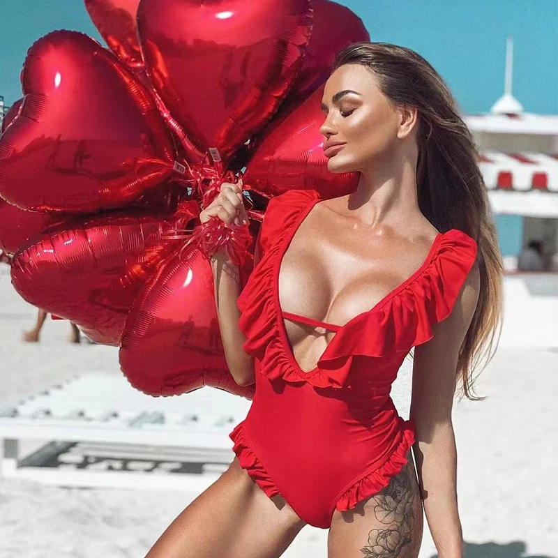 

Ruffle Bathing Suit Swimming Suit Swimsuit Women One Piece Red Swimwear Sexy Plunge Monokini Deep V Bodysuit Trikini Beachwear