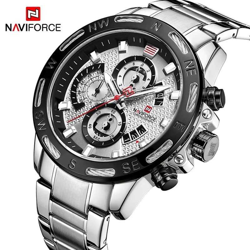 NAVIFORCE военные спортивные мужские часы, кварцевые часы с хронографом, Серебристый Стальной ремешок, водонепроницаемые Роскошные часы для мужчин, Relogio Masculio