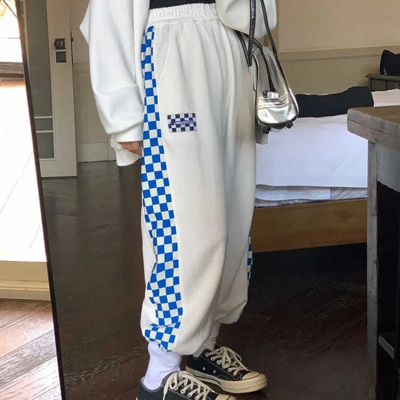 

Women Korean Fashion Jogging White Plaid Pants Women Harajuku Oversized Joggers Sweatpants Baggy Wide Leg Trousers for Female