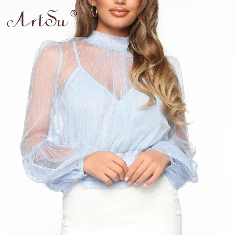 Женская прозрачная блузка в горошек ArtSu с рукавами-фонариками и высоким