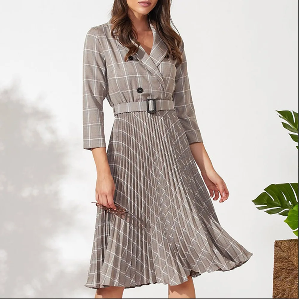 

Women's Pleated Plaid Long Sleeve Belt Waist Medium-length Dresses Women Female Dress Summer