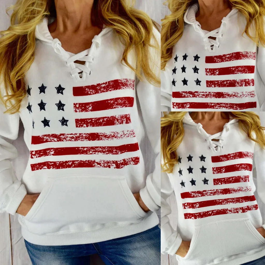 

Winter Flag Print Hoodies For Women Plus Size Cross-rope collar Long Sleeve Plus Velvet Sweatshirt Hoodie With Pockets A30