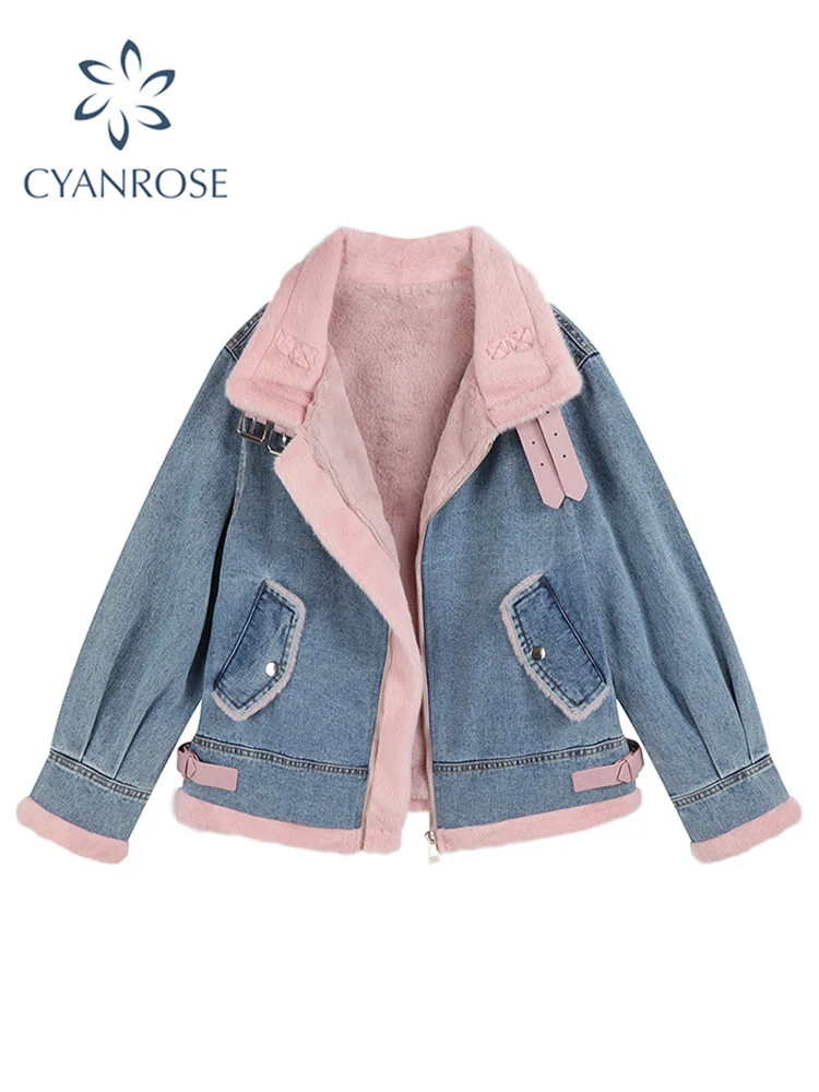 

Women Lamb Wool Jean Jacket Vintage Fleece Denim Coat 2021 Winter Fashion Casual Sweet Warm Thickened Locomotive Lapel Jackets