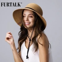 furtalk straw summer hat women sun hat with wind lanyard wide brim upf 50 un protection beach hat foldable female summer caps