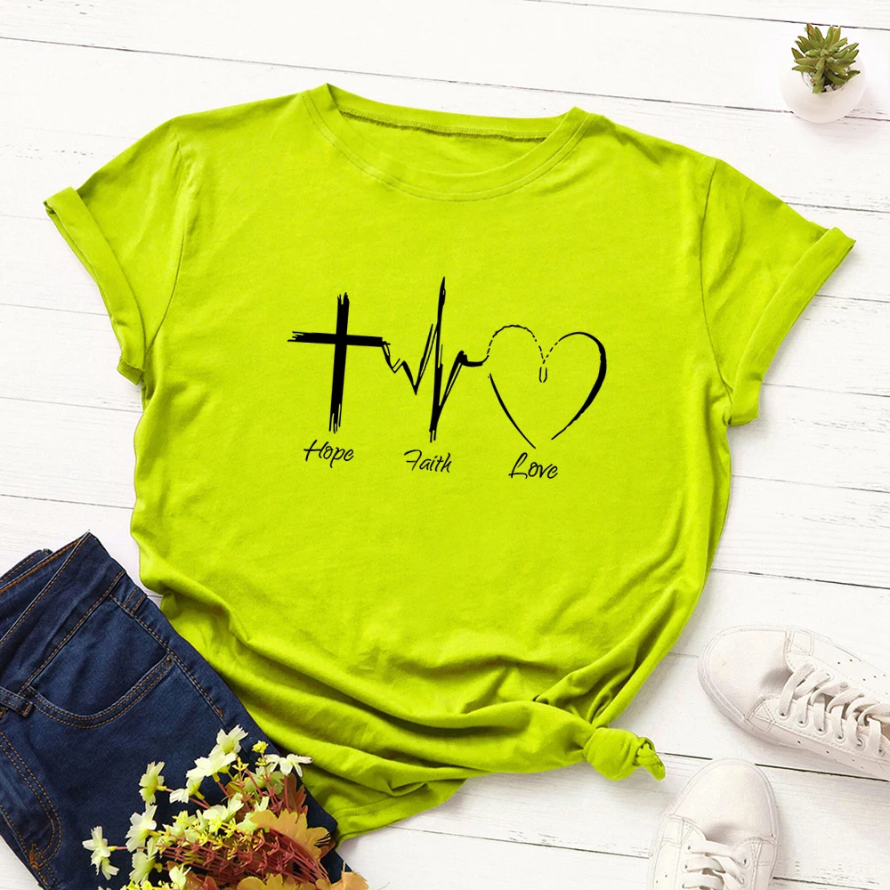 

Women Graphic Tees Female Oversized T Shirts Clothes Short Sleeve 100% Cotton Hope Faith Love Funny Tee Tops Shirts