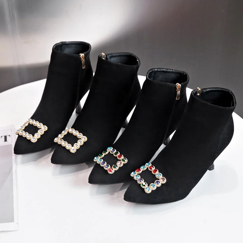Пикантные Черные ботильоны с острым носком для ночного клуба женские ботинки на