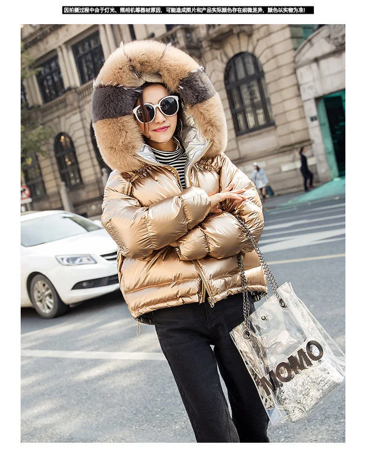 

Пуховик женский зимний, короткий, с воротником из натурального Лисьего меха