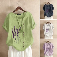 vintage womens printed blouse 2021 zanzea elegant summer tee shirts button cotton blusa female short sleeve tunic