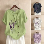 Винтажная женская блузка с принтом 2021, элегантные летние футболки ZANZEA, хлопковая блузка на пуговицах, Женская туника с коротким рукавом