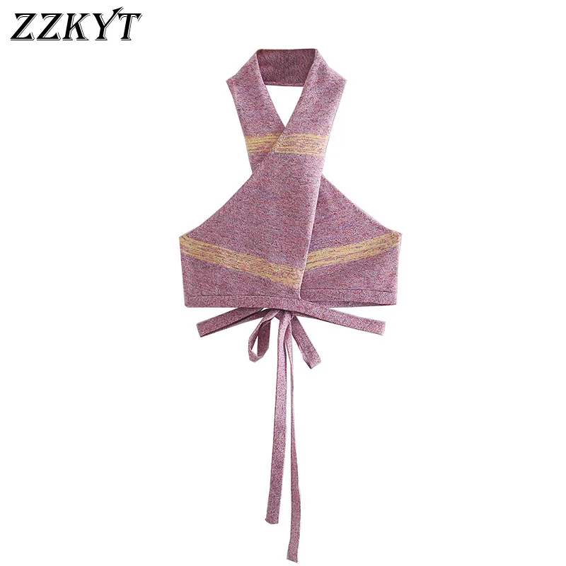 

ZZKYT 2021 женские летние винтажные полосатые майки с бантом и поясом Модные майки с воротником-халтером без рукавов с открытой спиной Женские т...