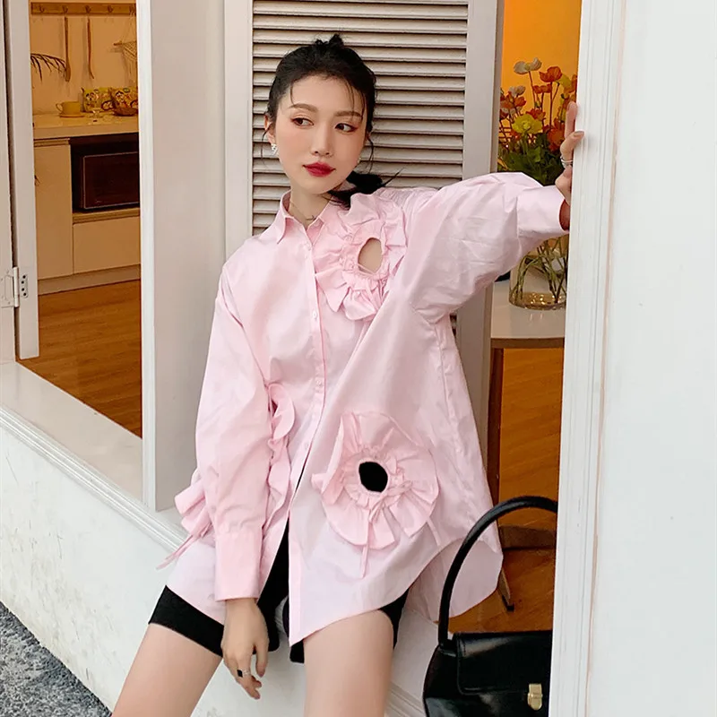 

Women Spring Autumn Hollow Out Pink Spliced Shirt Female Sweet Designed Loose Blouse Ladies Casual Fashion New Slim Tops ML93