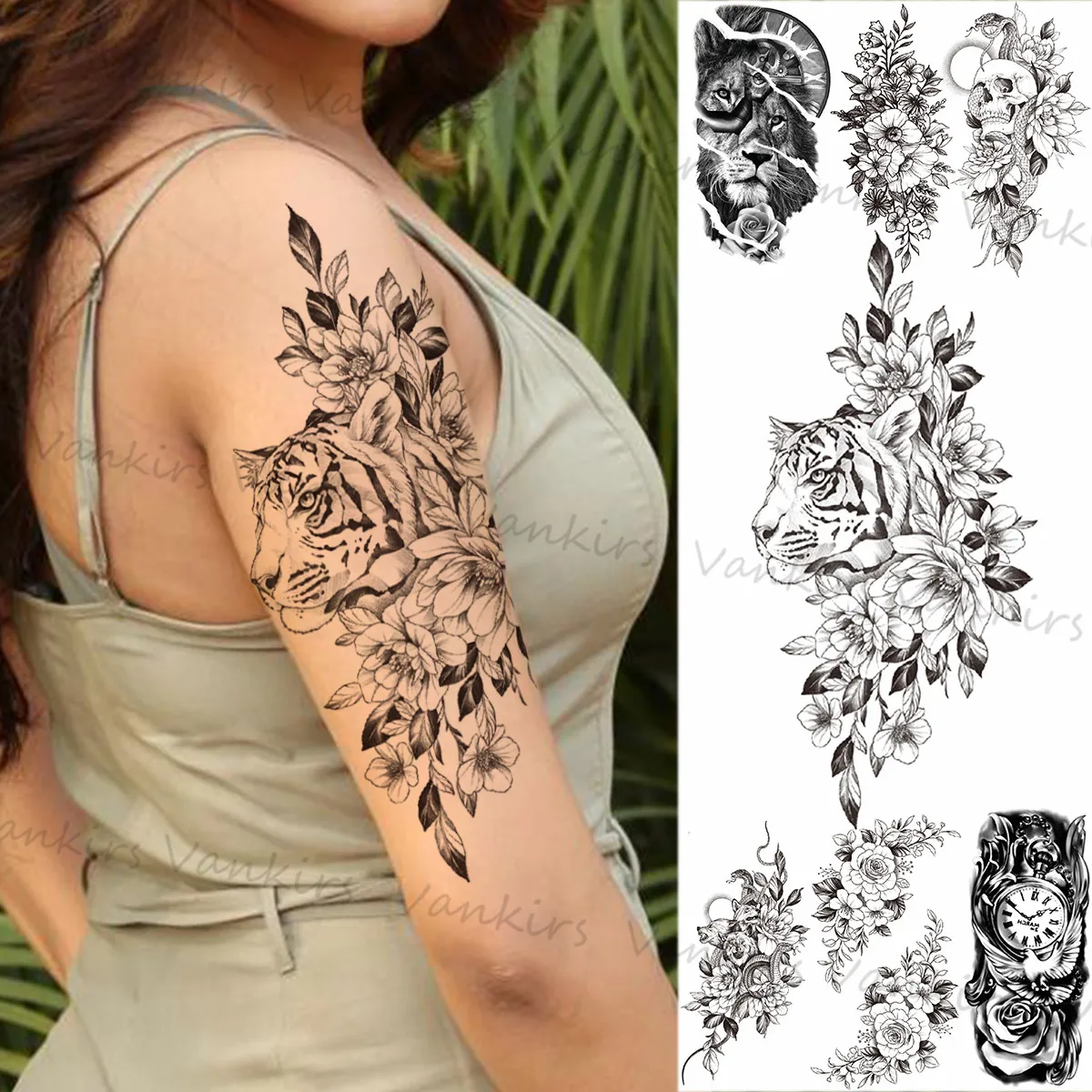 

Временные татуировки с цветами, Тигром для женщин и взрослых, реалистичные татуировки с Львом, черепом, змеей, компасом, розой, искусственными бриллиантами, телом