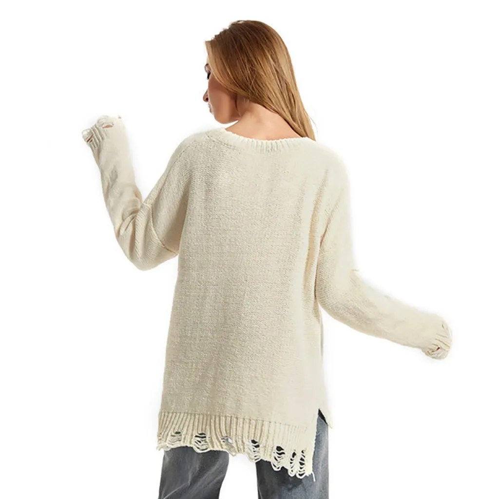 Женский свободный вязаный свитер однотонный пуловер с круглым вырезом и длинным
