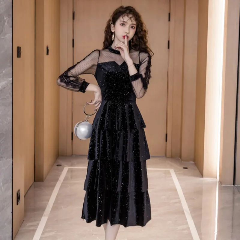 

#5179 Black Tiered Ruffles Dress Women Spliced Mesh Midi Dresses Vintage Elegant Fashion Tiered Dress Ladies Sexy Spring Autumn