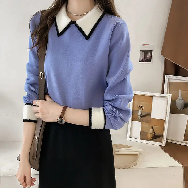 royal blue pullover Woherb элегантный темперамент Женский свитер с отложным воротником в стиле пэчворк пуловер женский корейский Модный женский топ Джемперы 90725 - Цвет: royal blue pullover