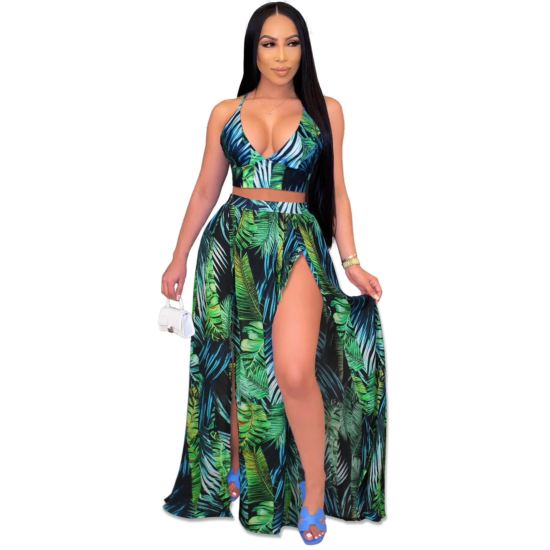

Women's Two-piece Summer 2021 Print V-Neck Sleeveless Floral Bohemian Strap Top and Slit Long Skirt Suit Sexy Two-piece Suit