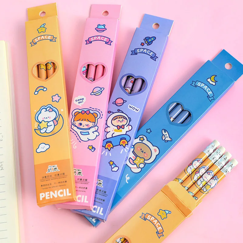 

4 boxed pencils Astronaut cartoon pen Wooden HB pencil Children practice pencil with eraser Student sketch pen Stationery prizes