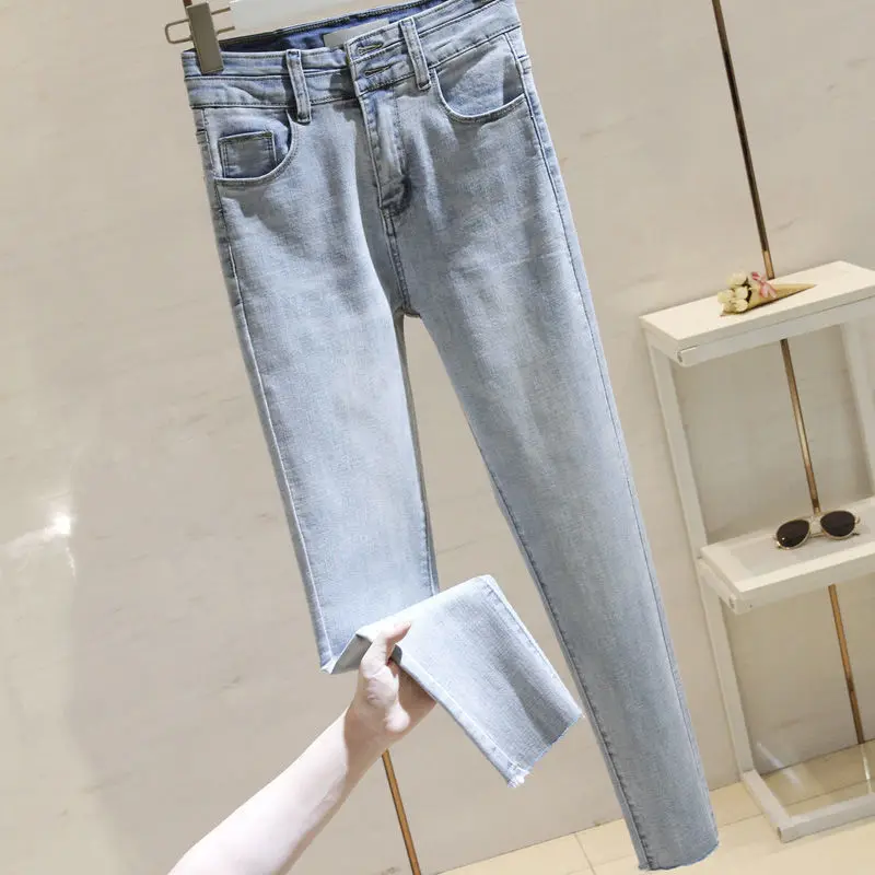 

Women 2021 Spring Autumn Fashion High Waist Pencil Pants Female Stretch Skinny Denim Trousers Ladies Solid Color Slim Jeans P60