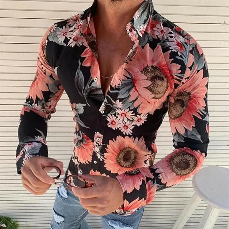 

New Design Men Floral Print Casual Shirt Male Long Sleeve Turn-down Collar New Fashion Shirts Plus Size