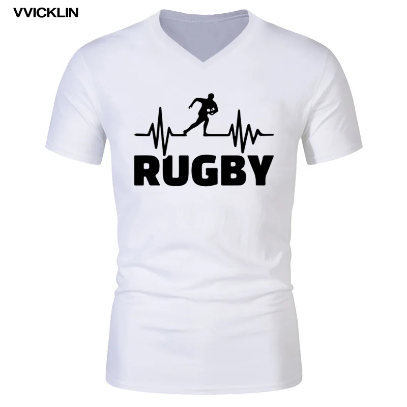 

Heartbeat Of Rugby V-neck T-shirts Men Summer Fashion Short Sleeve Cotton T Shirt Funny Print Tops Tee Sporting Mens Streetwear