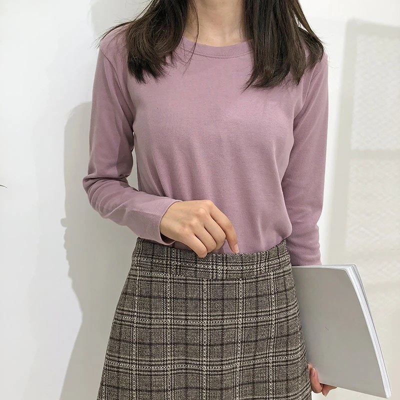 Повседневная Корейская женская Однотонная футболка Ulzzang Модные Винтажные