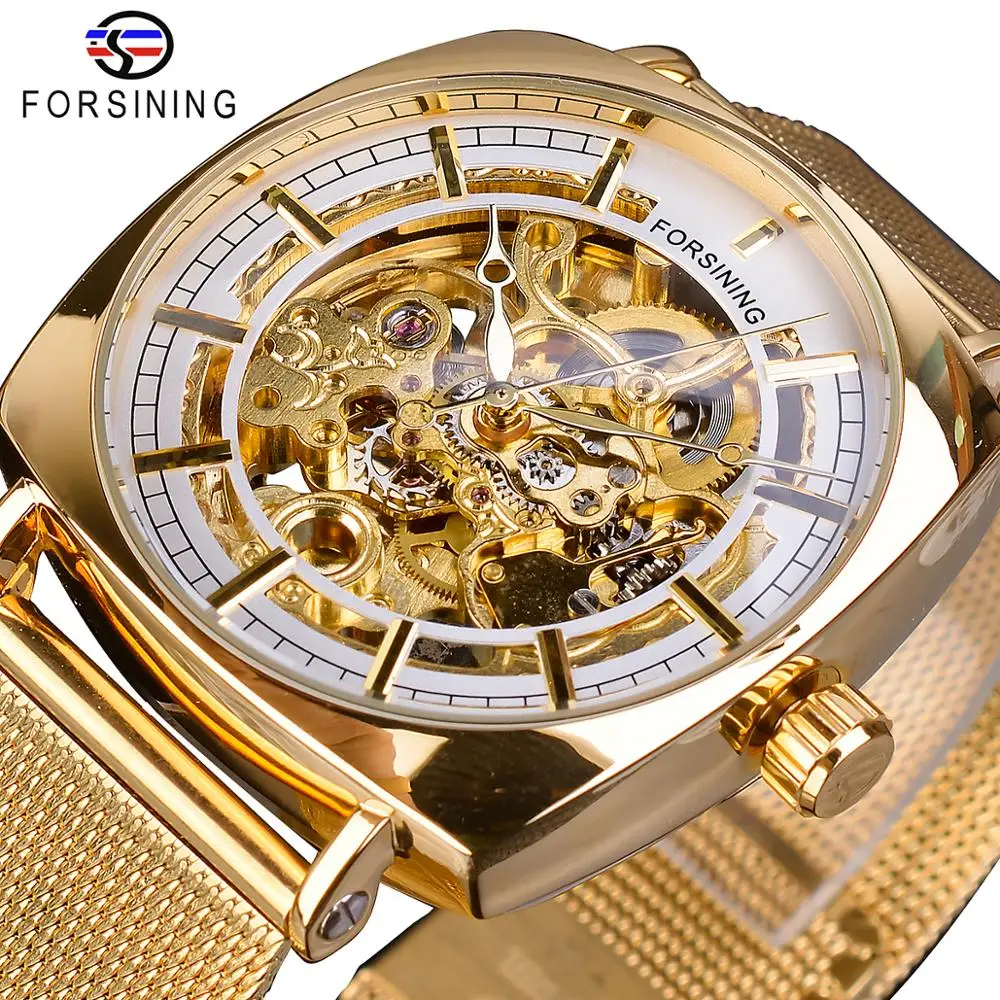 Forsining Golden Square Men Mechanical Watch Business Mesh Steel Belts Automatic Clock Relogio Masculino Hodinky Erkek Kol Saati