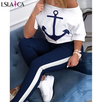 sweatsuits for women skew neck half sleeve anchor print tops colorblock drawstring pant streetwear womens two piece sets