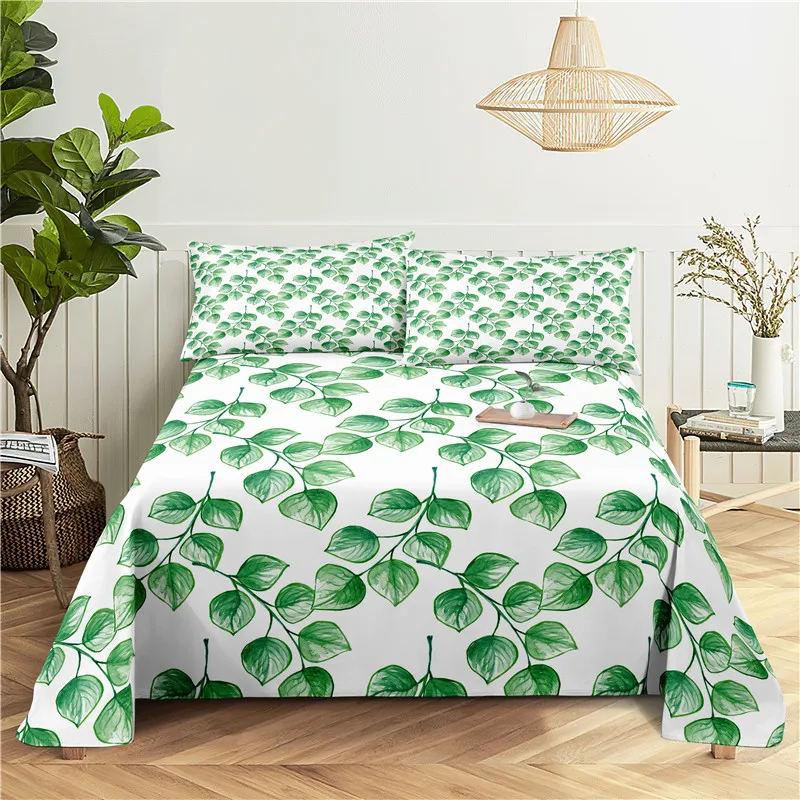

Green Leaf 0.9/1.2/1.5/1.8/2.0m Digital Printing Polyester Bed Flat Sheet With Pillowcase Print Bedding Set