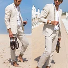Классический летний льняной мужской костюм 2022, бежевые пляжные свадебные костюмы для мужчин, смокинг для жениха, повседневные мужские костюмы из 2 предметов, комплект из куртки и брюк