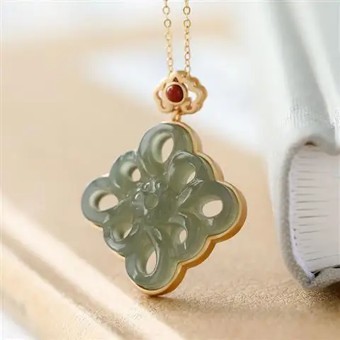 

Palace Style Gray Jade Chinese Knot Pendant S925 Sterling Silver Hetian Jade Hollow Mosaic Pendant Hanfu South Red Go