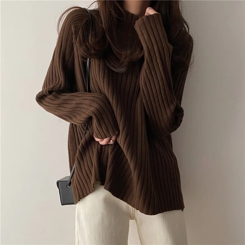 

Oversize Coffee Color Sweater 2021 New Women Mid Length Loose Lazy Spring Autumn Half High Neck Knitted Basic Sweater