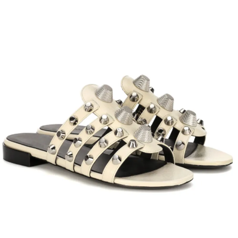 

2019 Solid Leather Classic Women Flat Heels Slippers Round Toe Gold Rivets Design Shoes Woman Outdoor Hollow Slingback Slippers