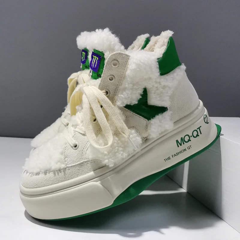 

Woman Shoes Genuine Leather Plush In Flat Paltform Lace-Up Shoes For Women 2021 Thick Bottom Round Toe Warmest Sneaker Woman
