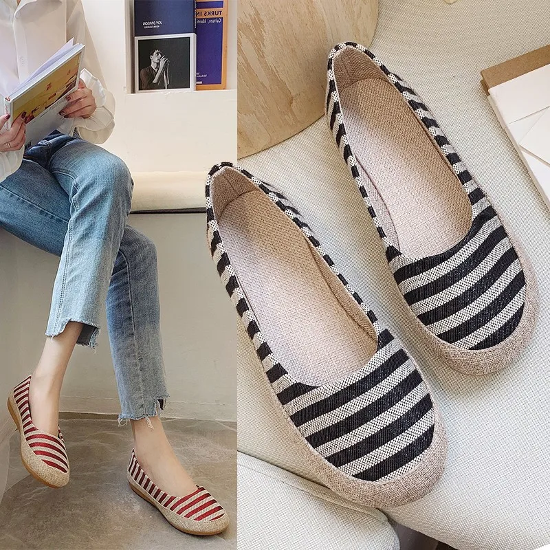 2020 весенние женские эспадрильи Слипоны в полоску Женская обувь на плоской