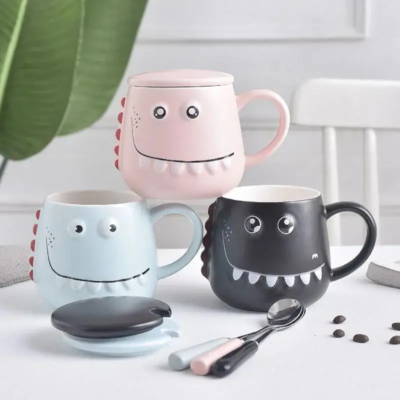 

400ML Cute Funny Dinosaur Cup Cartoon Ceramic Couple Coffee Cup With Lid Spoon Household Breakfast Milk Cup Children Water Cup