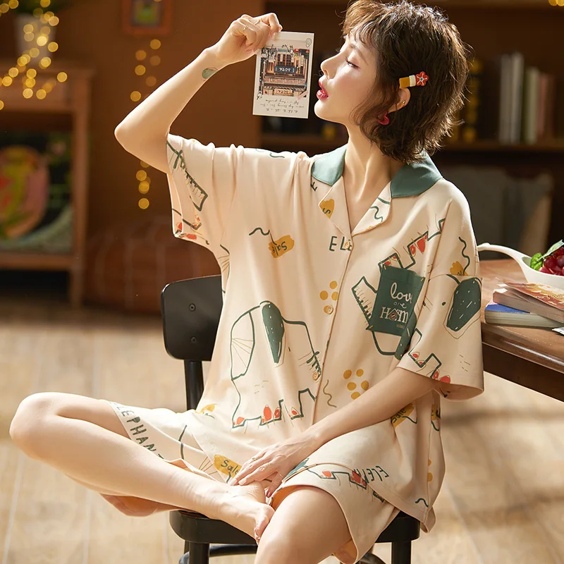 

Summer Lovely Sleepwear Set Loose Ladies Casual Home Wear Turn-down Collar Pajama Soft Cotton Nightwear Large Size Pijama M-3XL