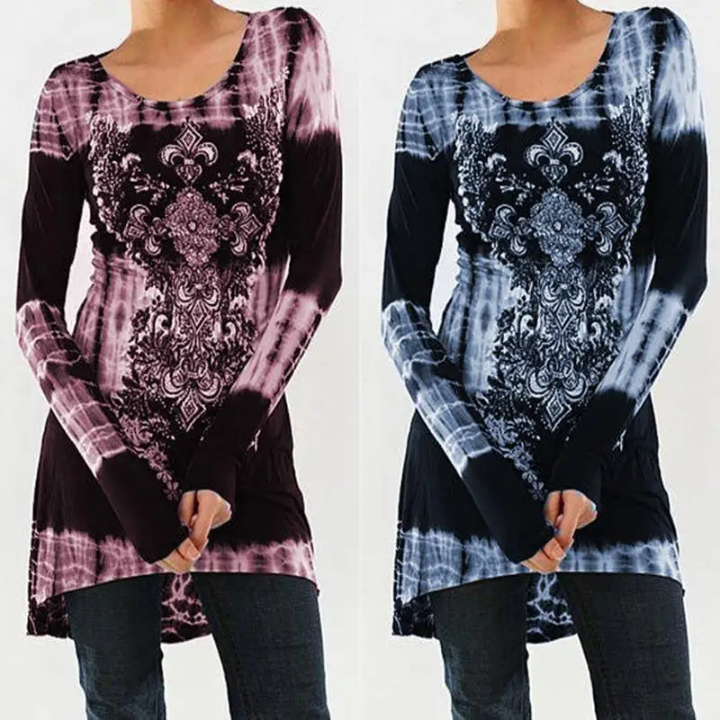 

Women Vintage Print T Shirt Spring Long Sleeve Tops Casual Striped Long Tee Top Female Slim O Neck T-shirt Blue Clothing WS3430V