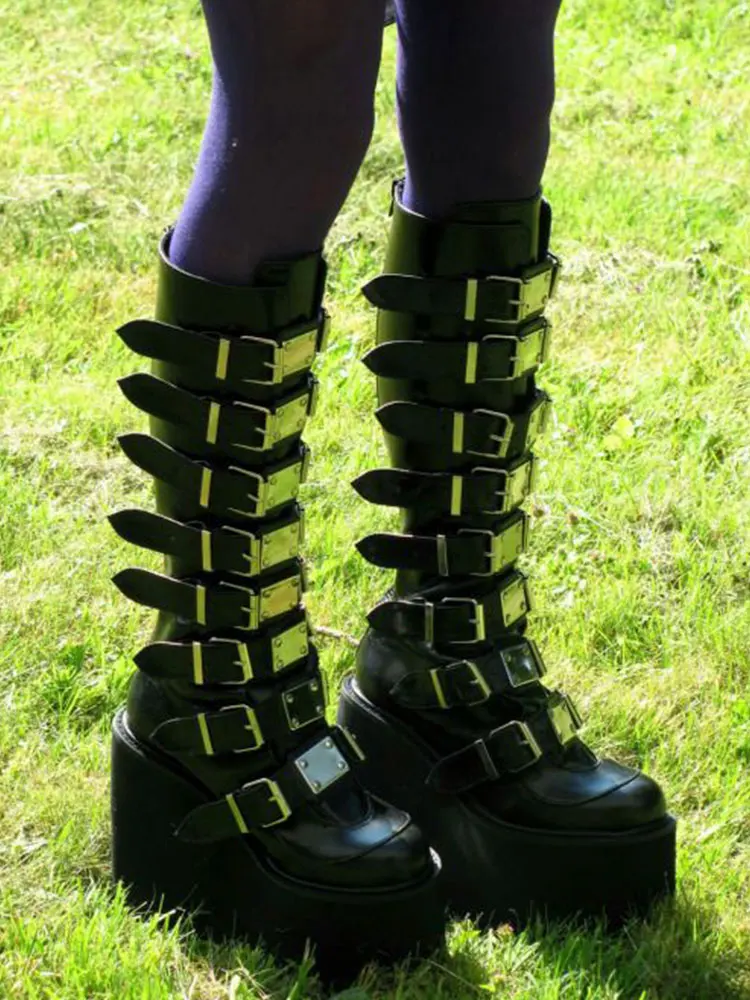 

GIGIFOX Brand Design Black Gothic Style Cool Punk Street Motorcycles Boots Platform Wedges High Heels Calf Boots Women Shoes