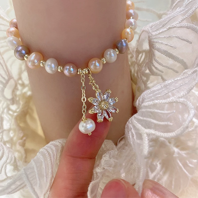 

MENGJIQIAO 2021 Korean Baroque Freshwater Pearl Bracelet For Women Lady Fashion Zircon Flower Bracelets & Bangles Jewelry Gifts