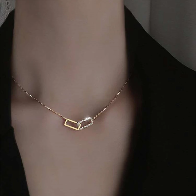 

NEW Clavicle Chain Double Necklace Shiny Rectangular Pendant Inlaid Cubic Zirconia Choker Gift For Girls Exquisite Jewelry