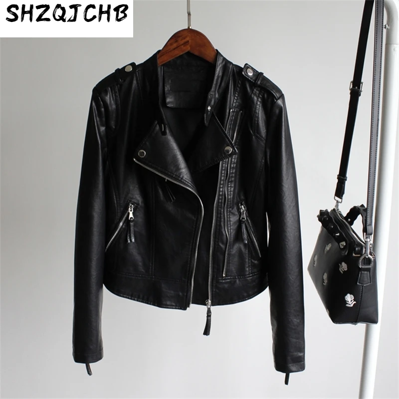

JCHB 2021 New Design Motorcycle PU Leath Jacket Spring Women Faux washed Leather Jacket Long Sleeve black Biker Coat LX1476