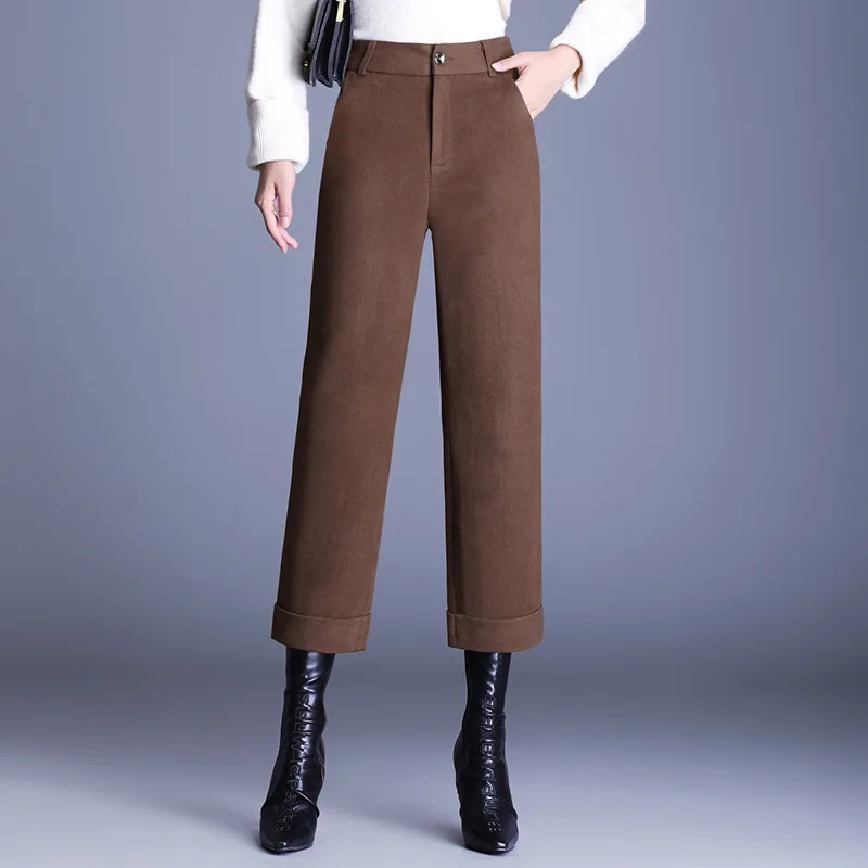 

Autumn and Winter Large Size Straight Pants Women High Waist Loose Woolen Pants Match Boots Slim Ankle Length Female Thick Pants