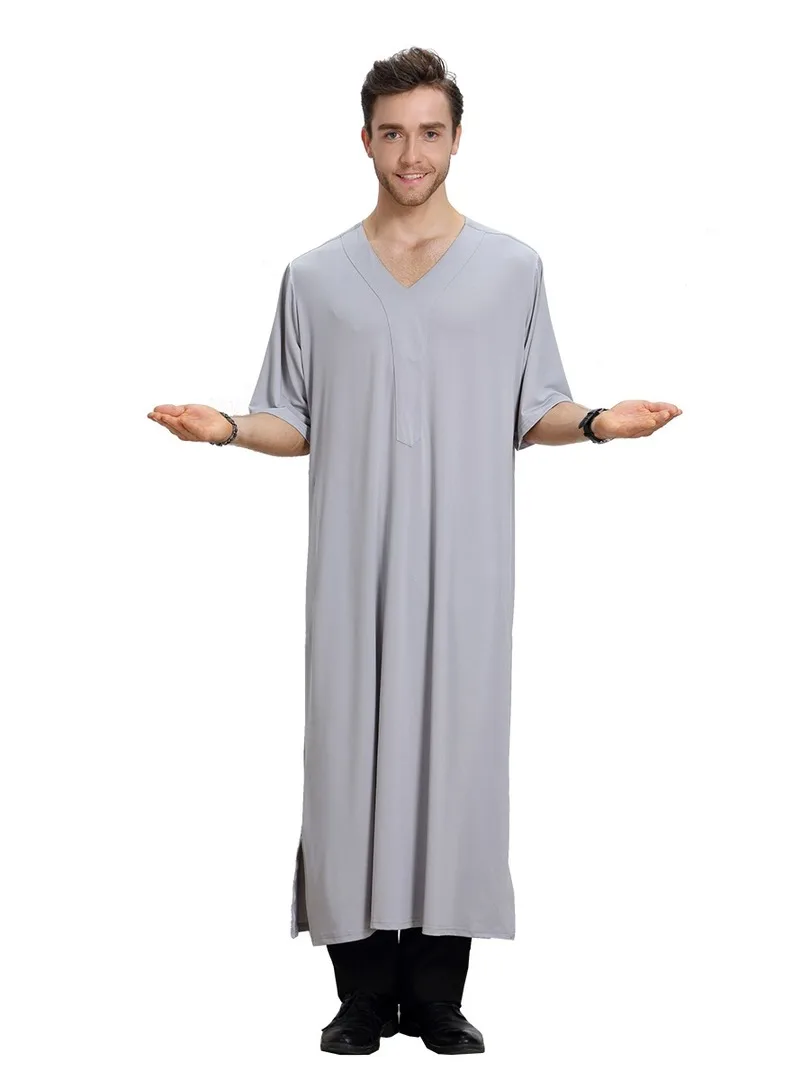 Islamic Men's Clothing Abaya Short Sleeve Loose Shirt Dress Jilbab Moslem Robe Muslim Jubba Thobe Middle East Kaftan Dubai Arab