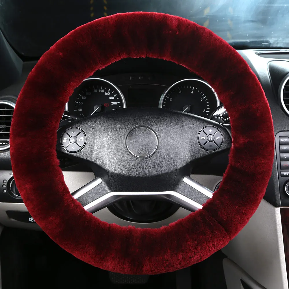 Grape Red Натуральный мех овечья шерсть овчина чехол рулевого колеса автомобиля для взрослых авто Универсальный с новым дизайном флаг России цвет - Название цвета: Grape Red