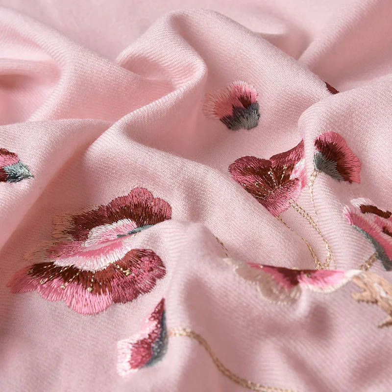 Châles en laine brodés de fleurs et enveloppes, écharpe 100% laine pour femmes, hiver automne luxe Bufandas chaud Pashmina rouge