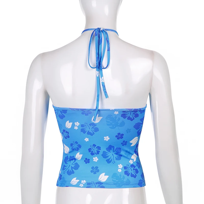 

Floral Printed Cut Out Bandage Y2k Halter Crop Tank Top For Girls Summer Sexy Women Backless 2021Sleeveless Shirt Tee Female