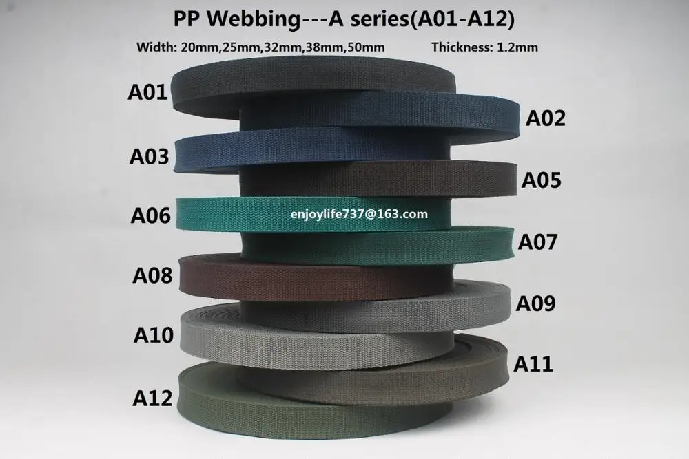 Correas de polipropileno de 20/25/32/38/50mm de ancho, cinta de pp, negro, azul marino, café oscuro, aqua, verde negruzco, gris, verde militar
