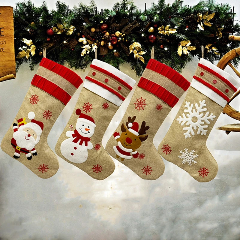 

Christmas Socks Decorations Gift Bag Linen Snowflake Snowman Stocking Christmas Deer