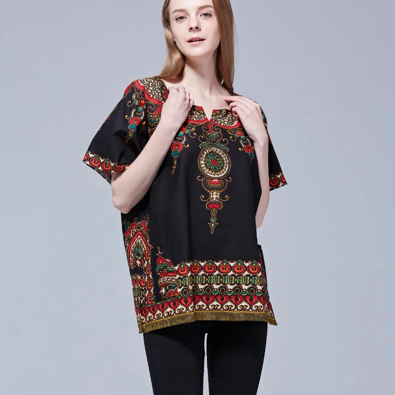 Хип хоп Boho Топы унисекс черный этнический винтажный африканская Дашики с принтом